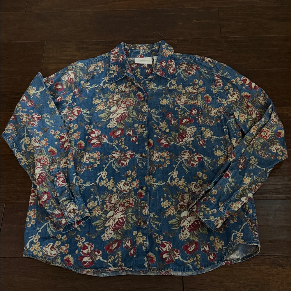 Vintage Liz Claiborne Blue Floral Denim Button-Up  Size M 100% cotton RL